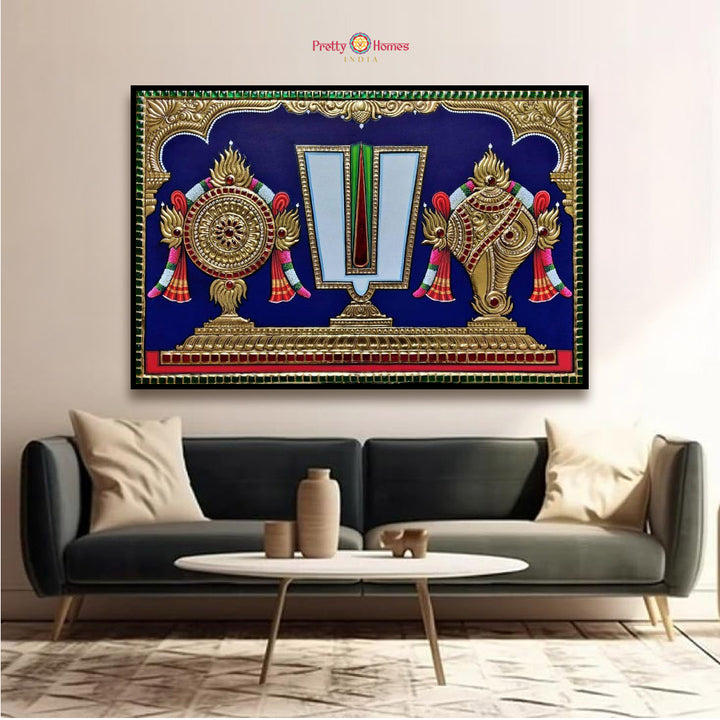 Tangore handpainting -Embossed Shankh Chakra Naman – Gold Foil Handpainted Spiritual Art