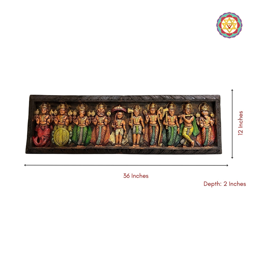 Full-length horizontal dashavatar wooden panel sculpture with size