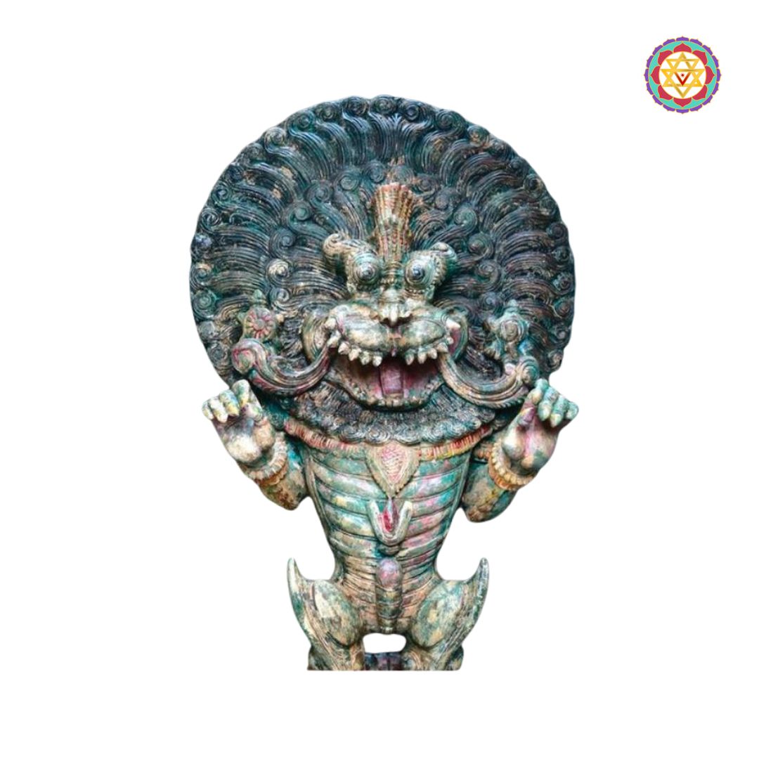 full length vintage yali statue with deep relief carving and antique polish