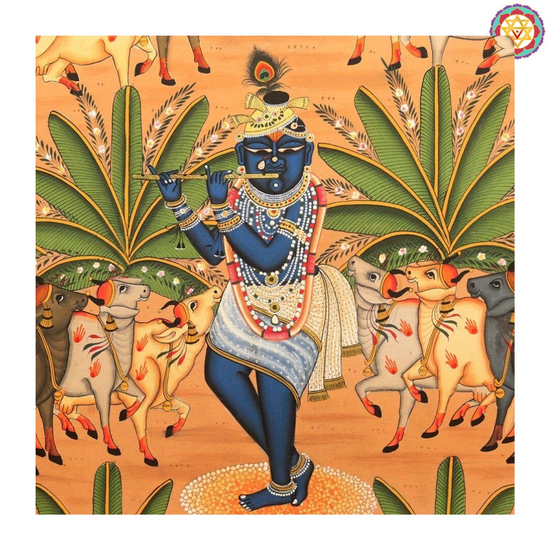 Handpainted pichwai-Shrinathji in the Forest – Rustic Orange Pichwai