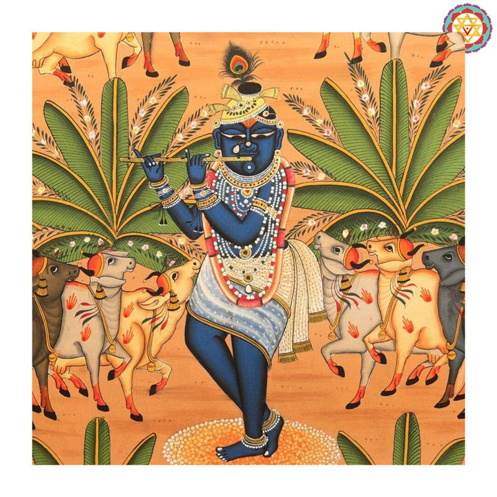 Handpainted pichwai-Shrinathji in the Forest – Rustic Orange Pichwai
