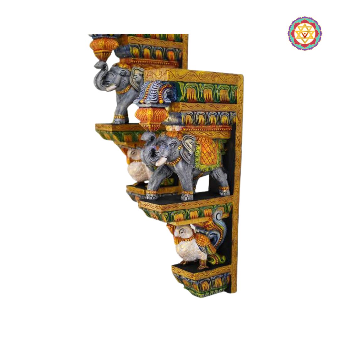“Handcarved multicolour wooden wall bracket with trunk up elephant and peacock”