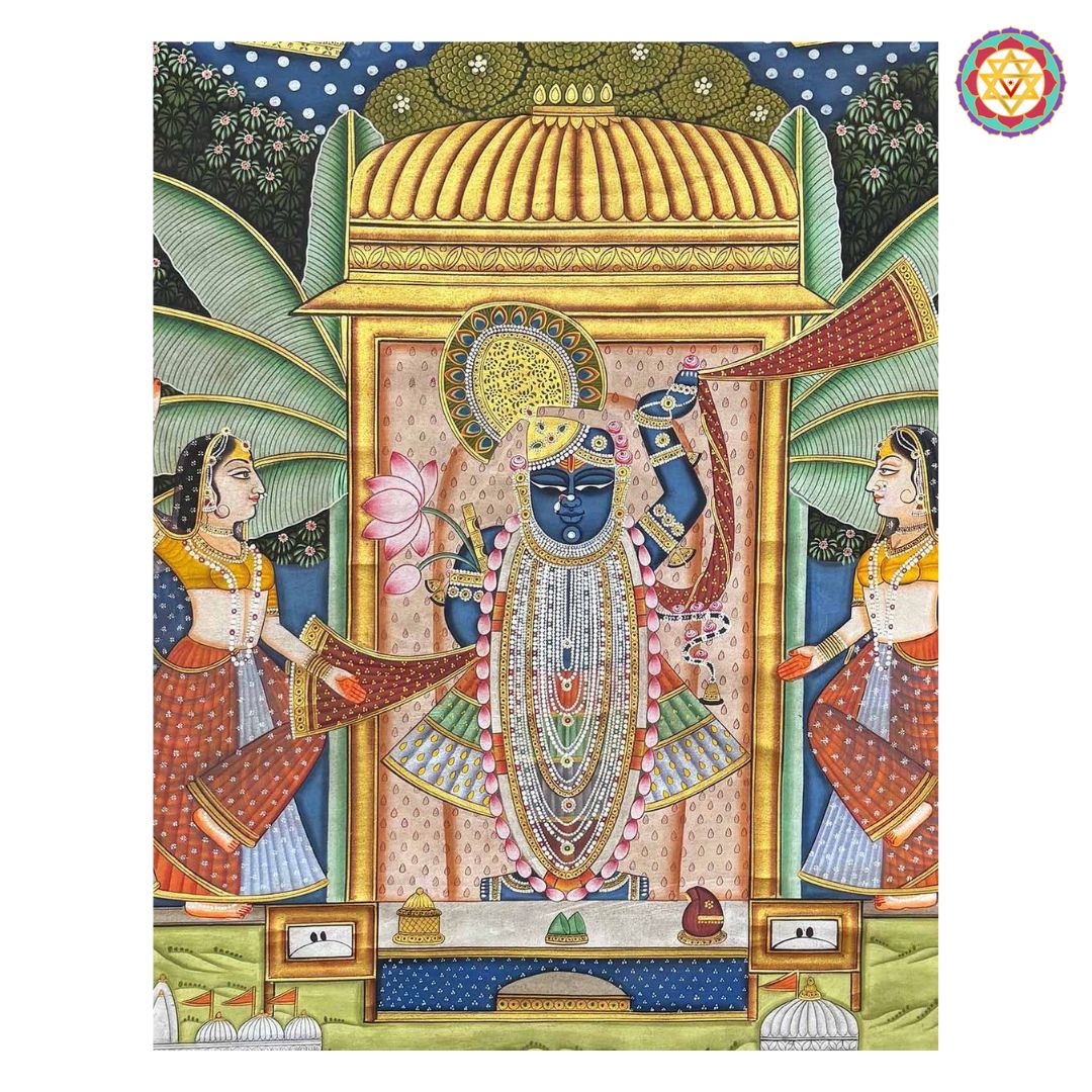 close-up capturing shrinathji ornaments and gopika detailing