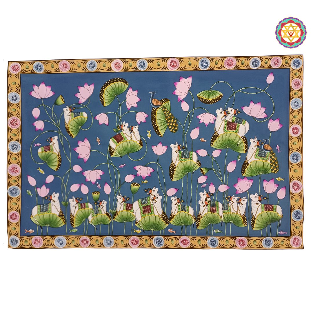 hand-painted shreenathji pichwai painting -Blue Lotus Pond with Cows