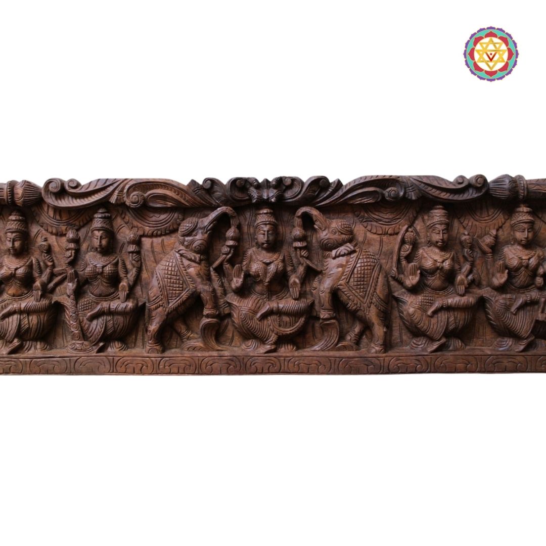 Intricately Carved Horizontal Ashtalakshmi Panel with Gajalakshmi in the Centre – Wall Mountable Divine Art