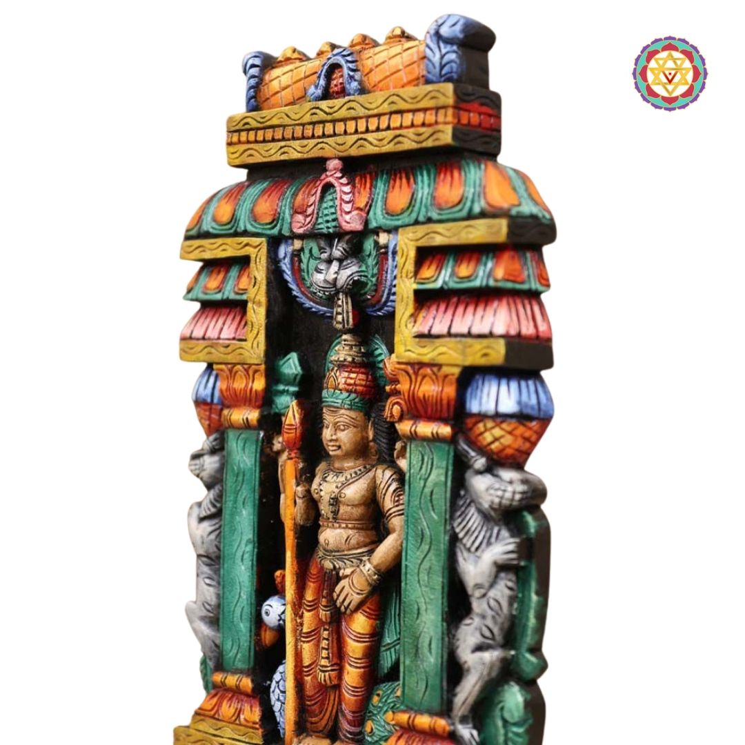 Side view of multicolour Lord Murugan wood wall mount