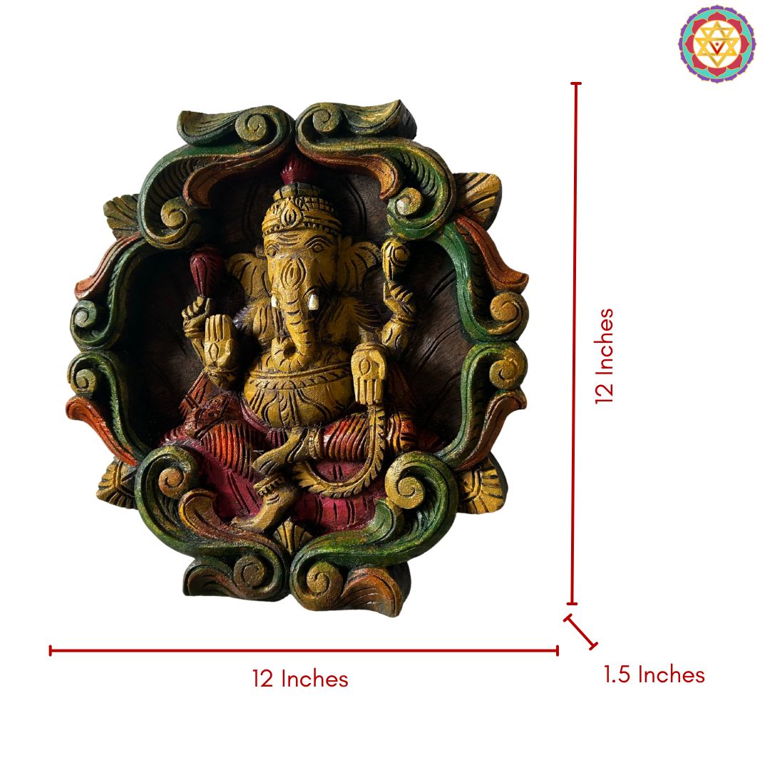 Colourful woodcarved ganesh wall frame with vines.