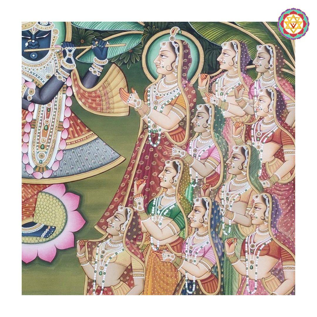 handpainted pichwai raas leela with gopikas in garden setting lifestyle display of painting on decorative wall
