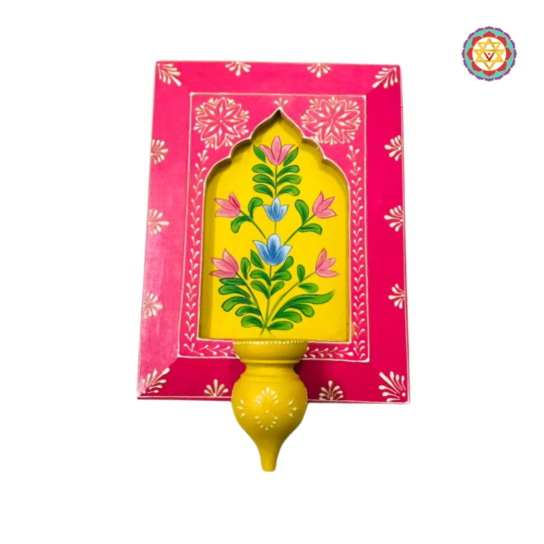Pink wooden frame with intricate yellow floral painting