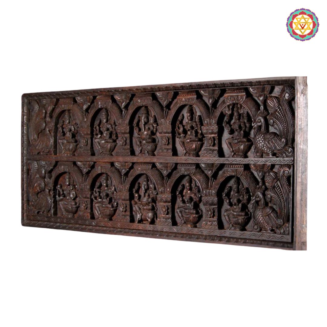 Handcarved horizontal panel Exquisite Ganesha & Lakshmi Panel – Adorned with Graceful Peacocks