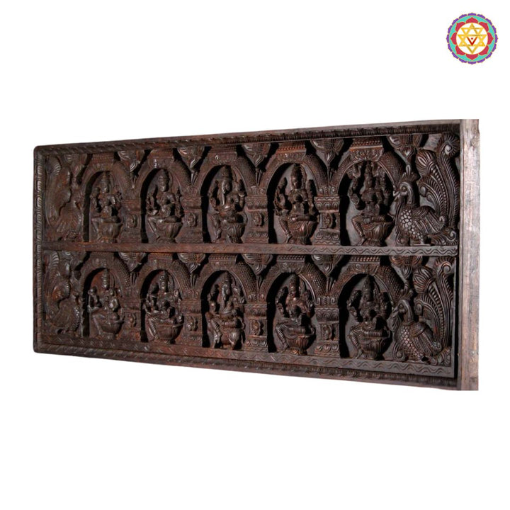 Handcarved horizontal panel Exquisite Ganesha & Lakshmi Panel – Adorned with Graceful Peacocks