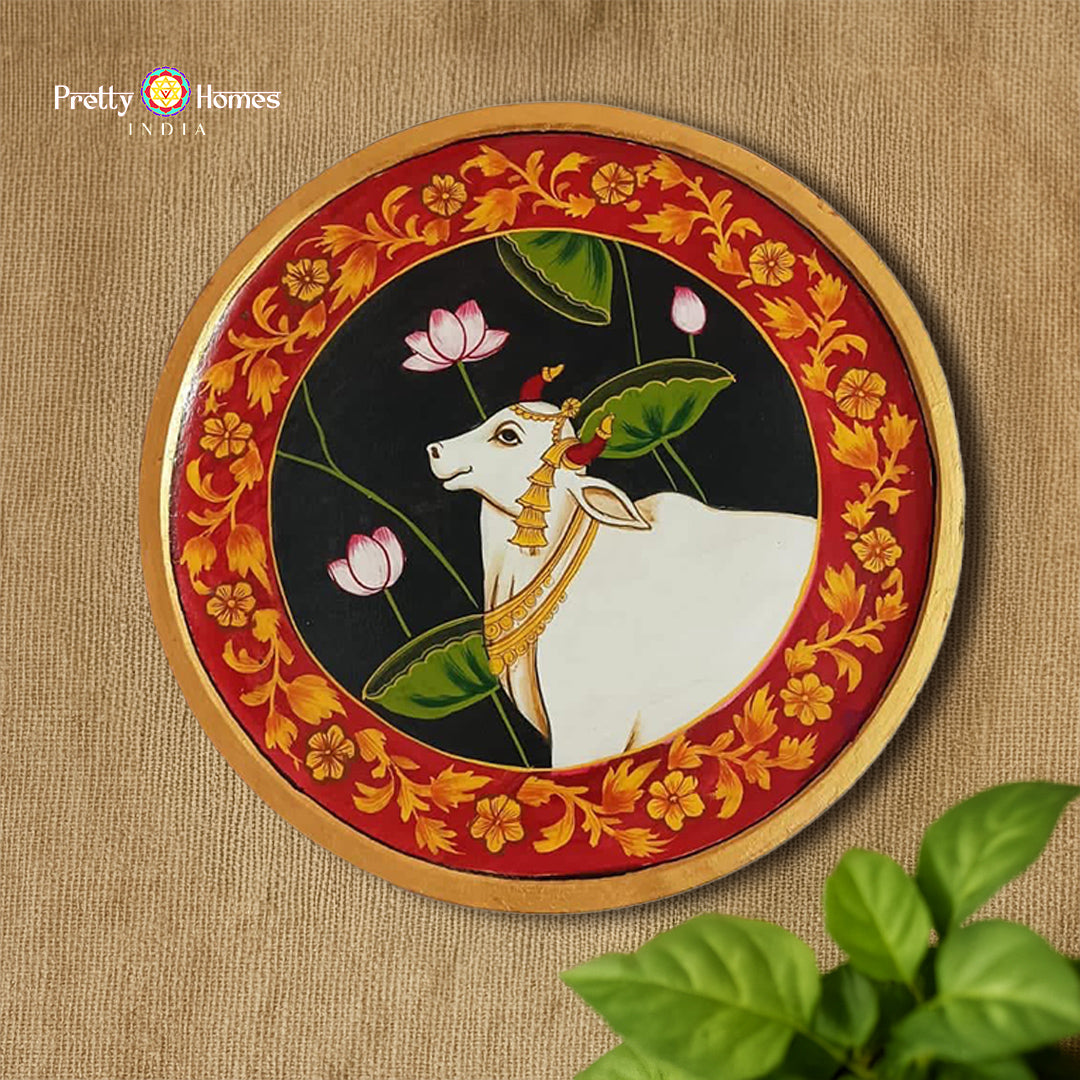 Hand-painted Pichwai cows wall plate full view