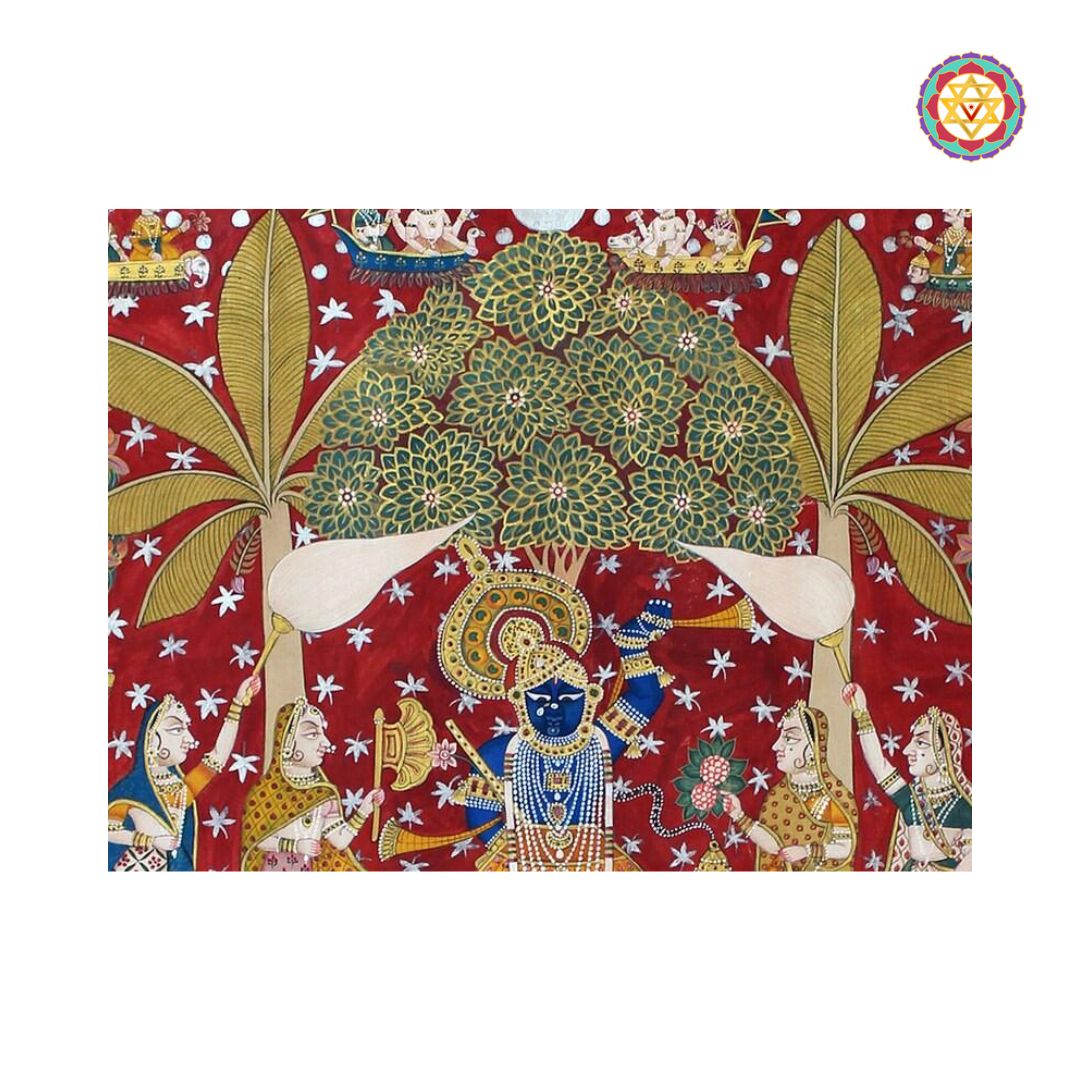 full view of pichwai painting depicting krishna and cows in divine setting