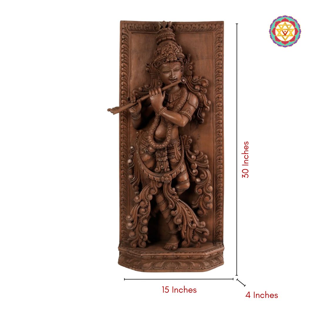 Wooden wall plaque with intricate carvings of a figure playing a flute, dimensions indicated.