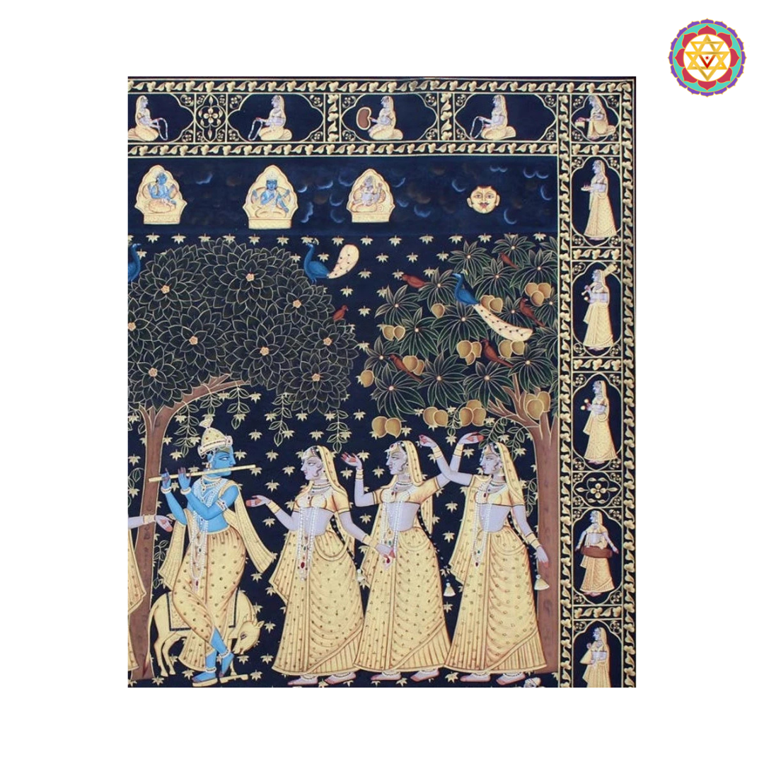 Motif detailing of Krishna Raas Pichwai with ornate border