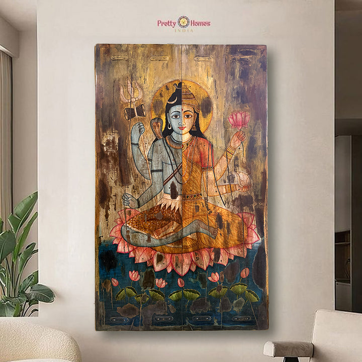 Handpainted Antique Finish Wooden Shiv Shakti / Ardhanarishvara Panel – Ready to Hang