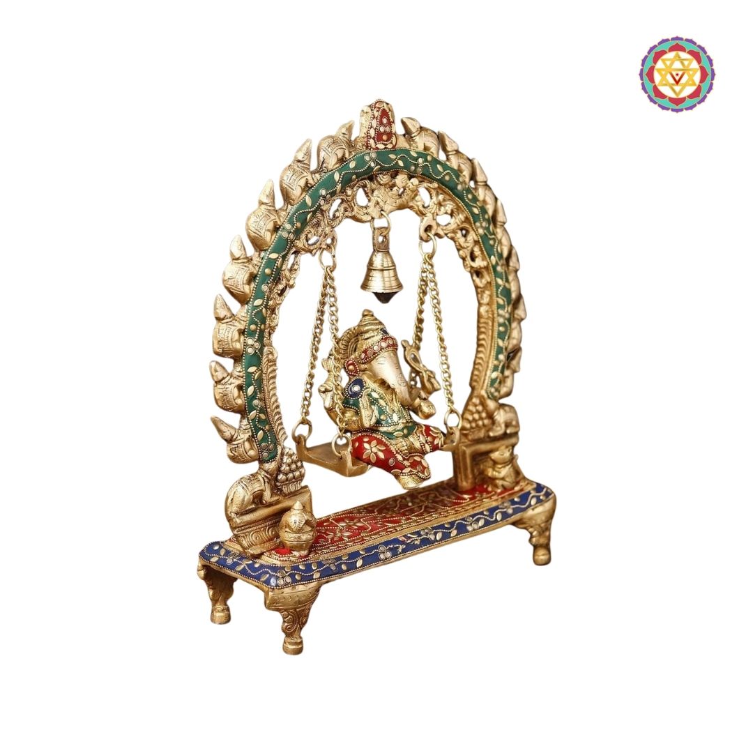 Brass Ganesh Jhula on Swing with Bell, Stone Work, 15”