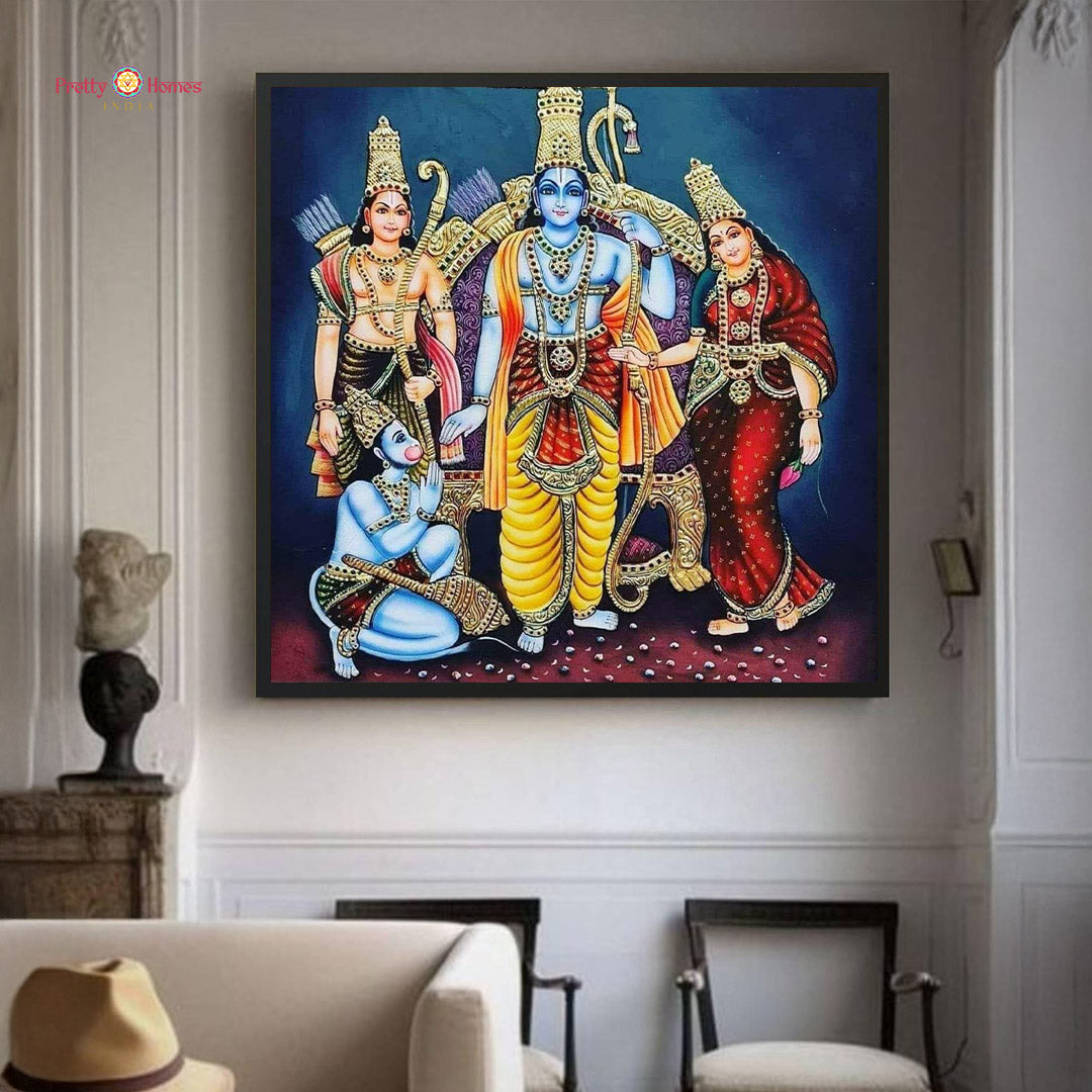 Hand-painted Tanjore Ram Darbar on cotton with real gold foil full view