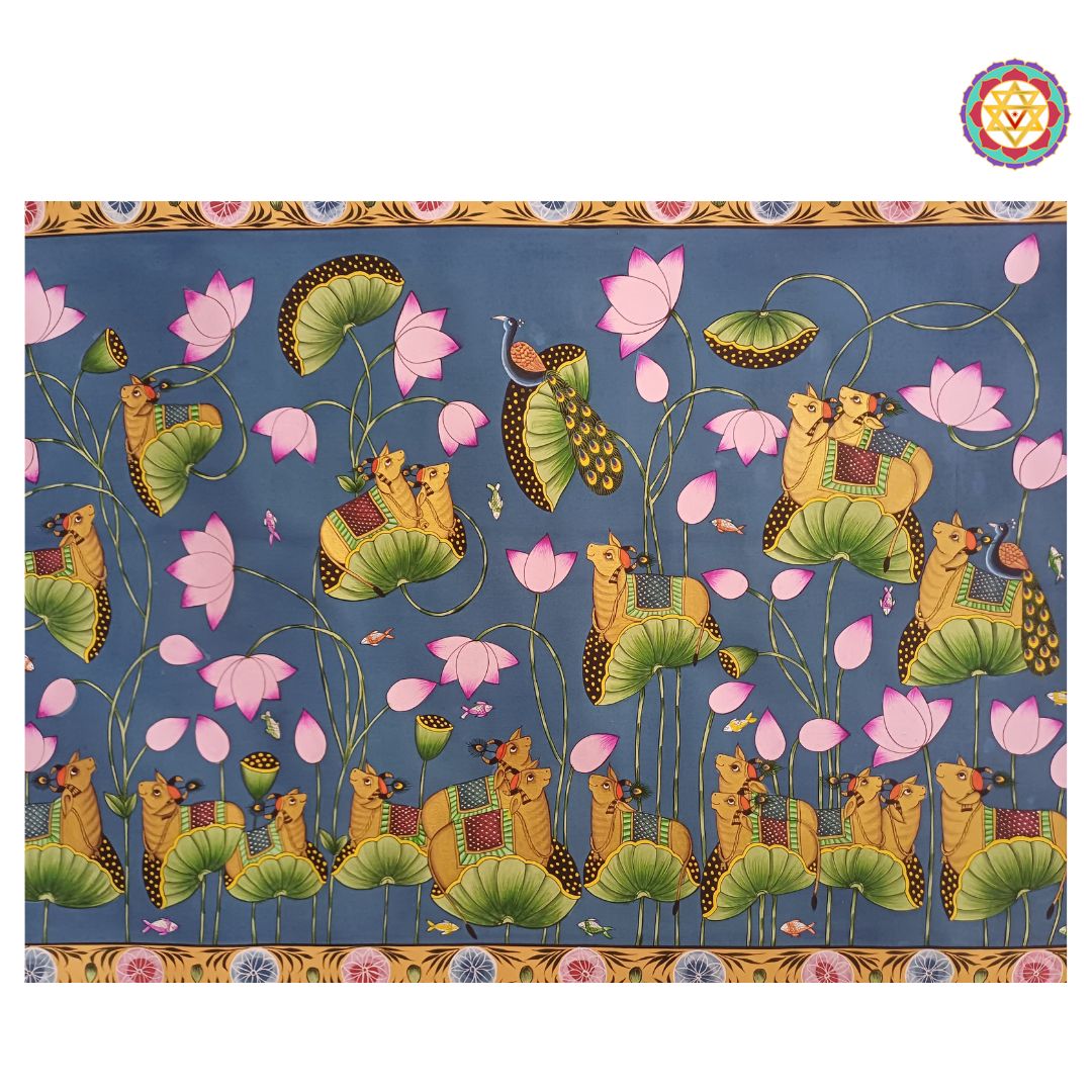 blue lotus pichwai panel with divine cows