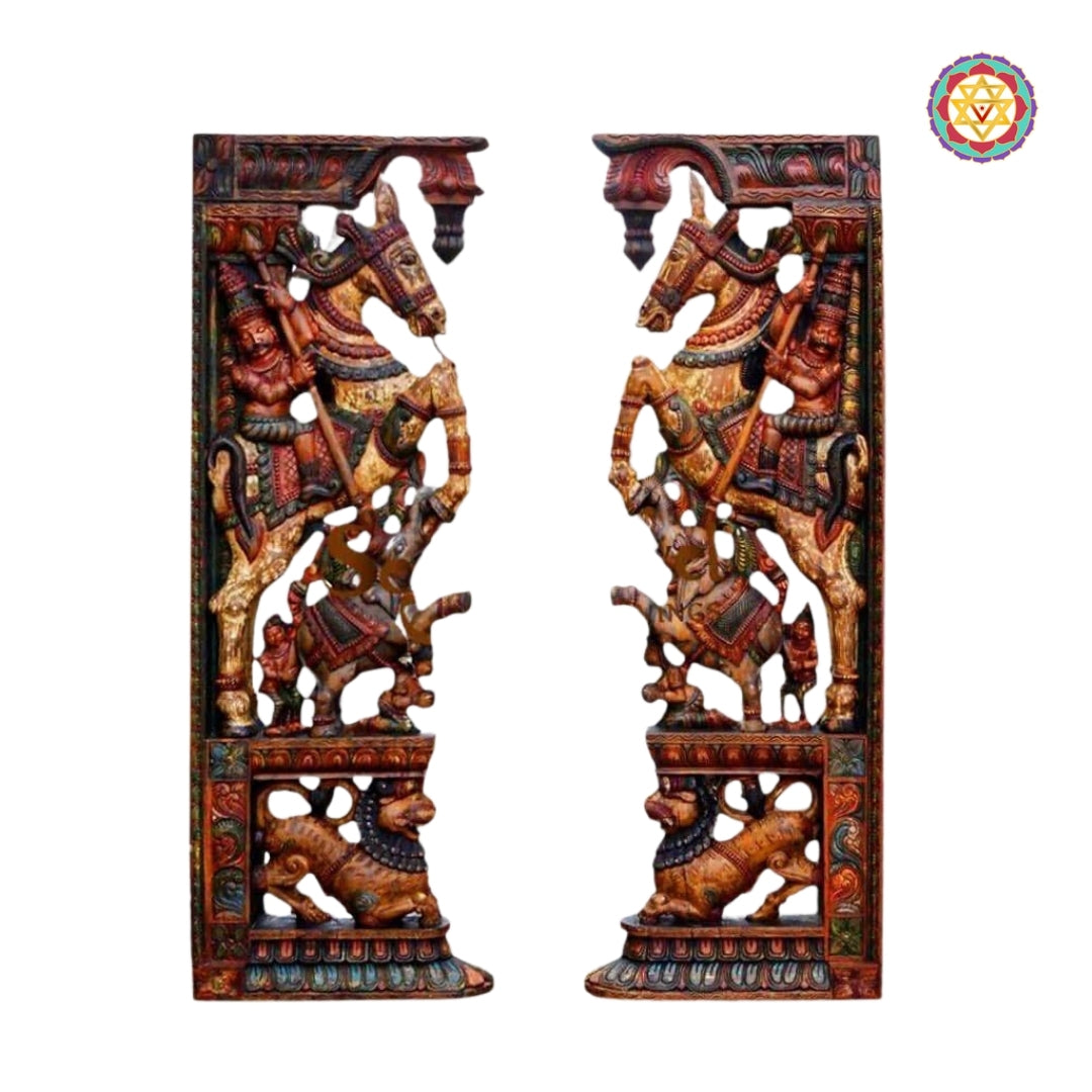 Woodcarved Large Size Architectural design Wall brackets with Horse Rider ,Yalis & Elephants (Pair))