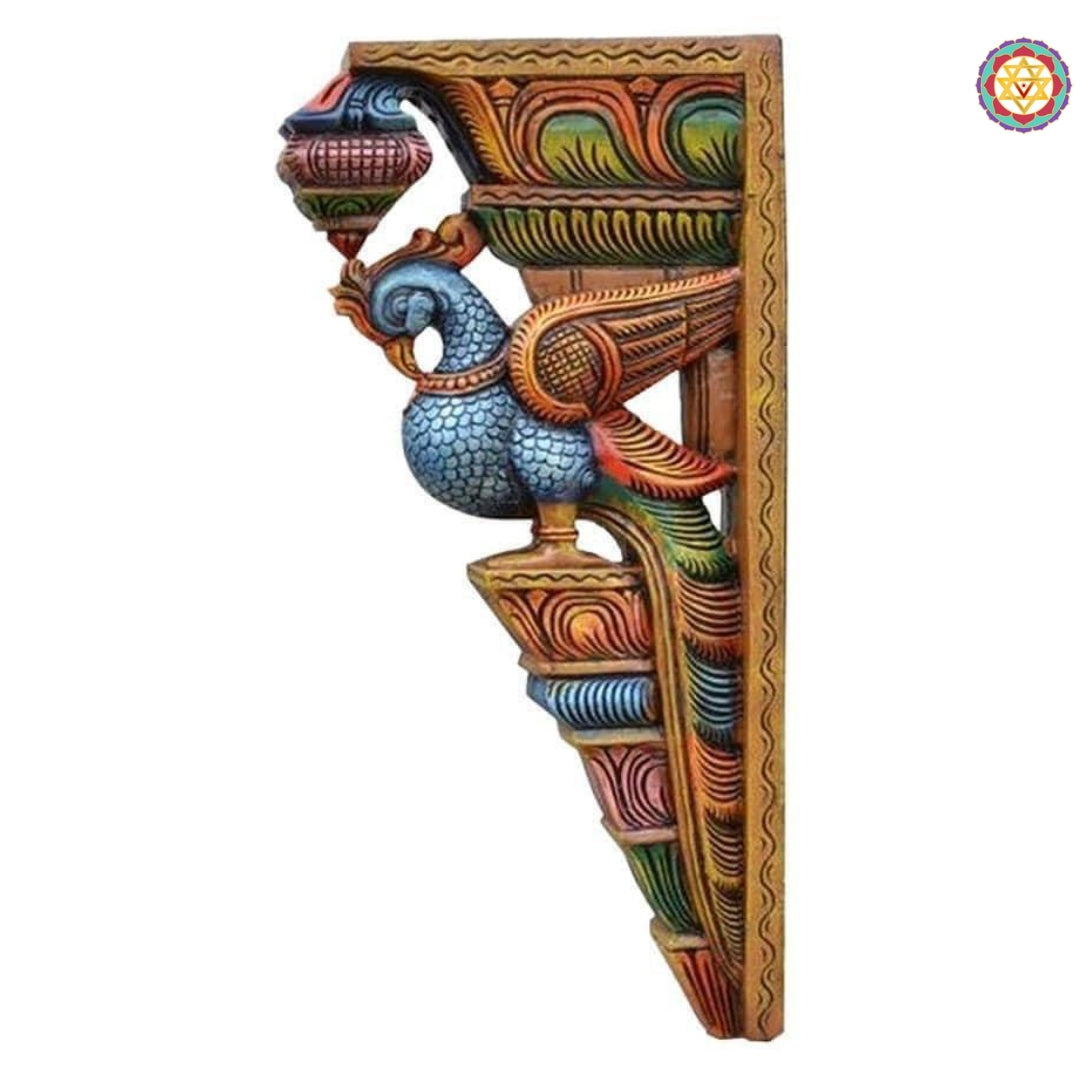 Detailed close-up of wooden parrot wall bracket showing perched parrots with vine carvings