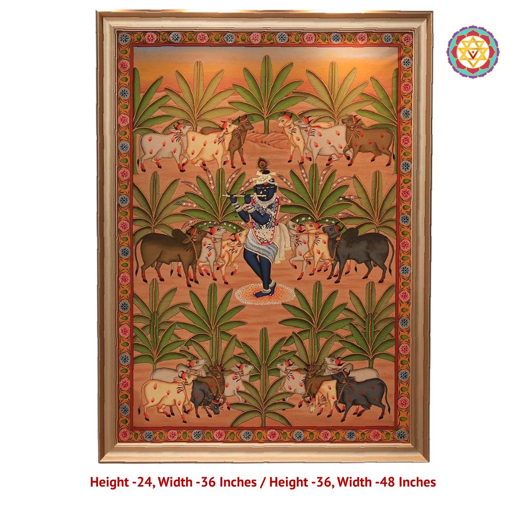 Handpainted pichwai-Shrinathji in the Forest – Rustic Orange Pichwai