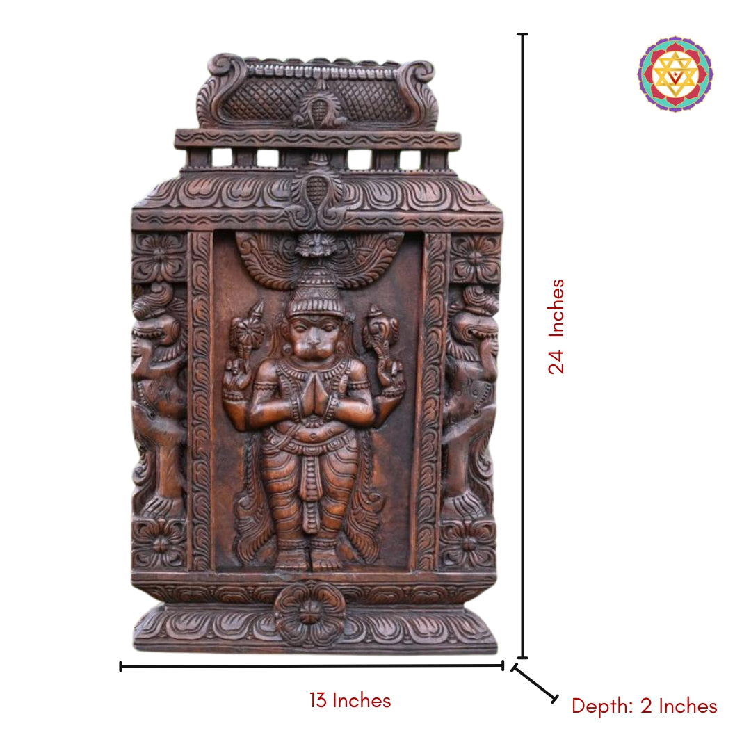 Traditional vertical wooden wall panel with intricate Hanuman sculpture with measurements