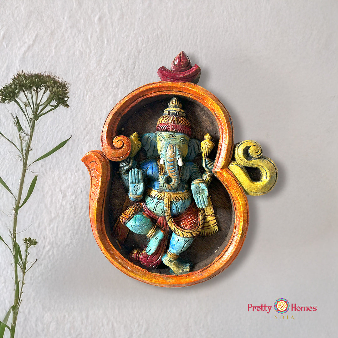 om shaped blessing ganesha carved wooden frame colourful finish