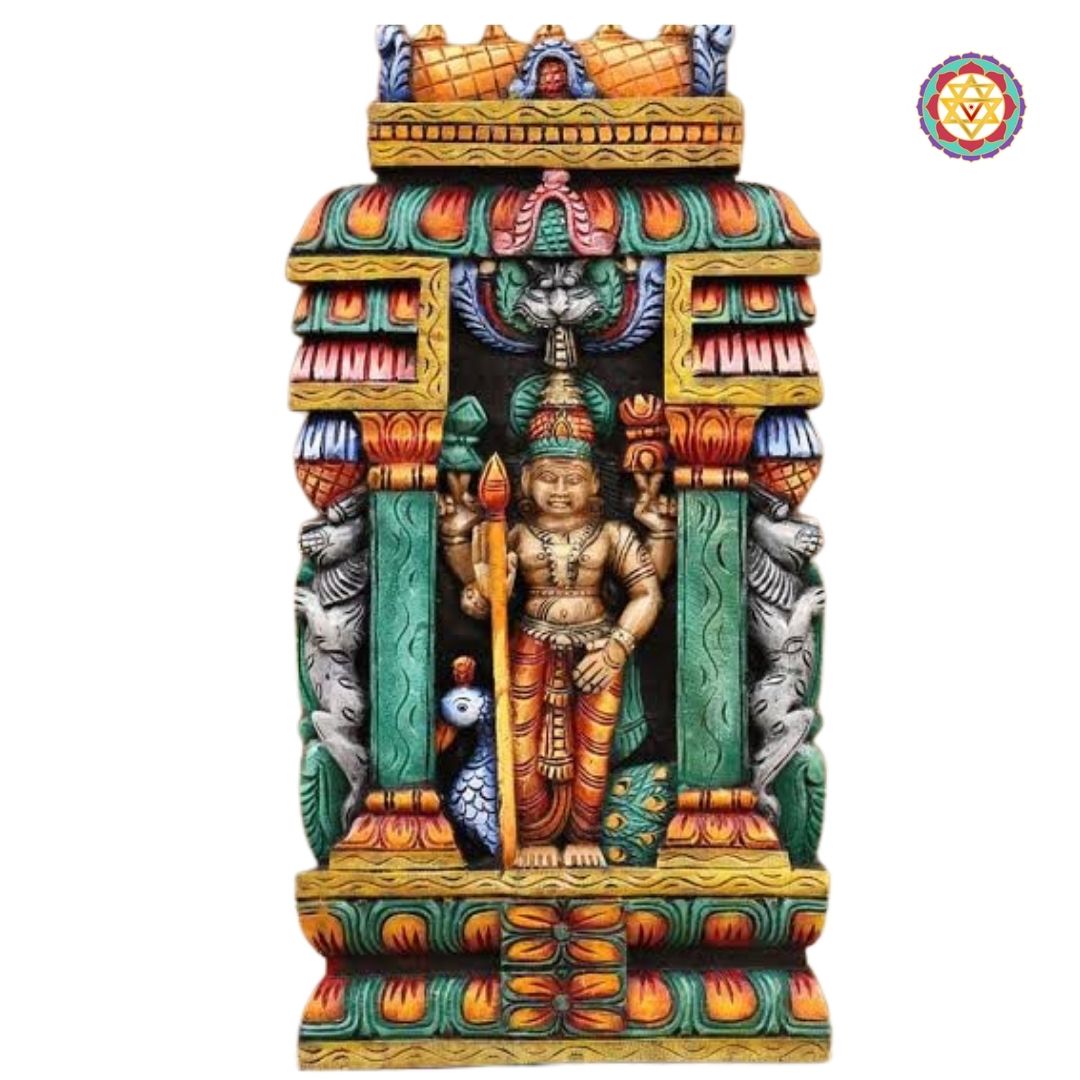 Woodcarved Lord Murugan wall mount /panel.temple gopuram style wall hanging