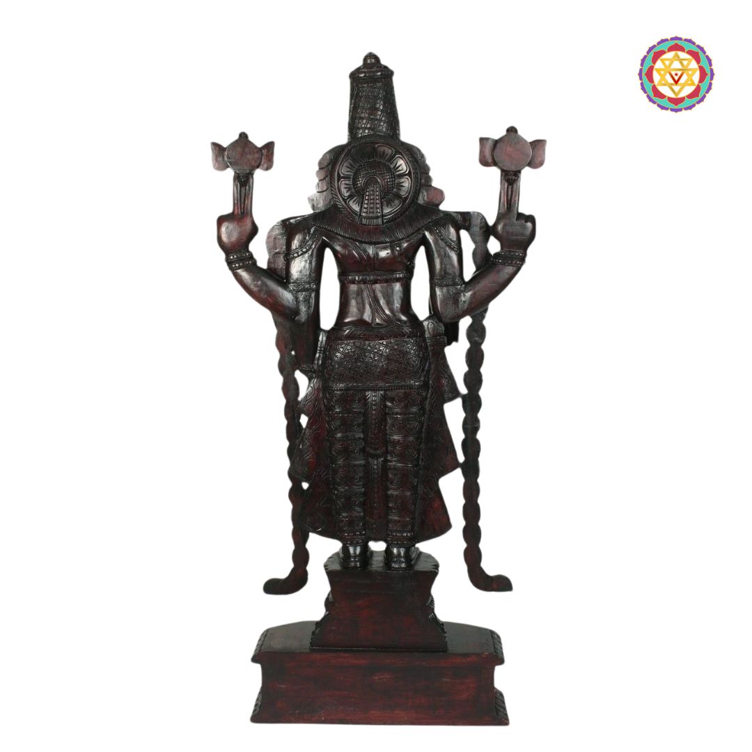 front view of teakwood perumal statue in polished antique finish