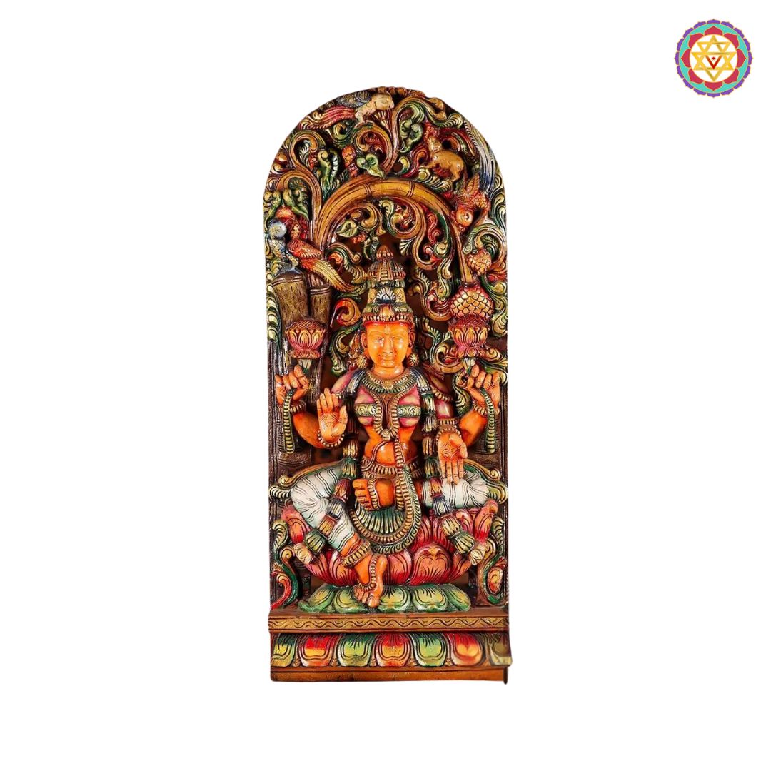 dhan laxmi wooden panel side angle showcasing carved canopy and details