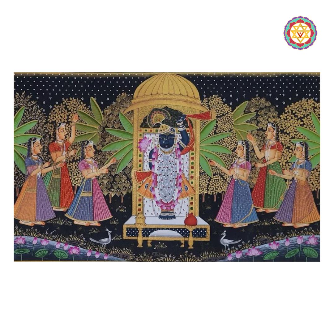 Vintage style pichwai of Sharad, featuring Shrinathji in a pavilion with Gopis and floral border.