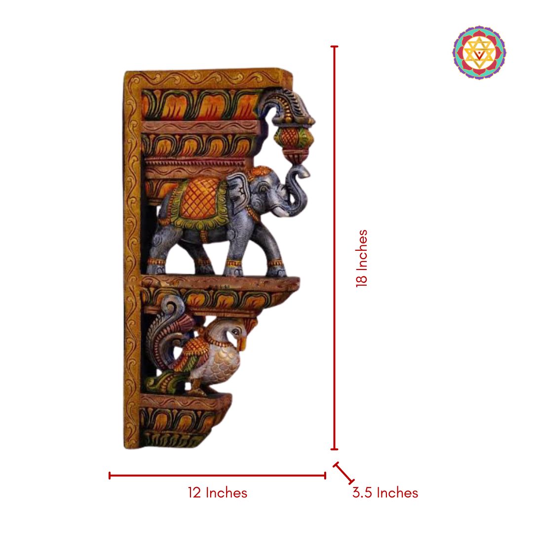 Decorative wall shelf with elephant design and measurements on a white background.