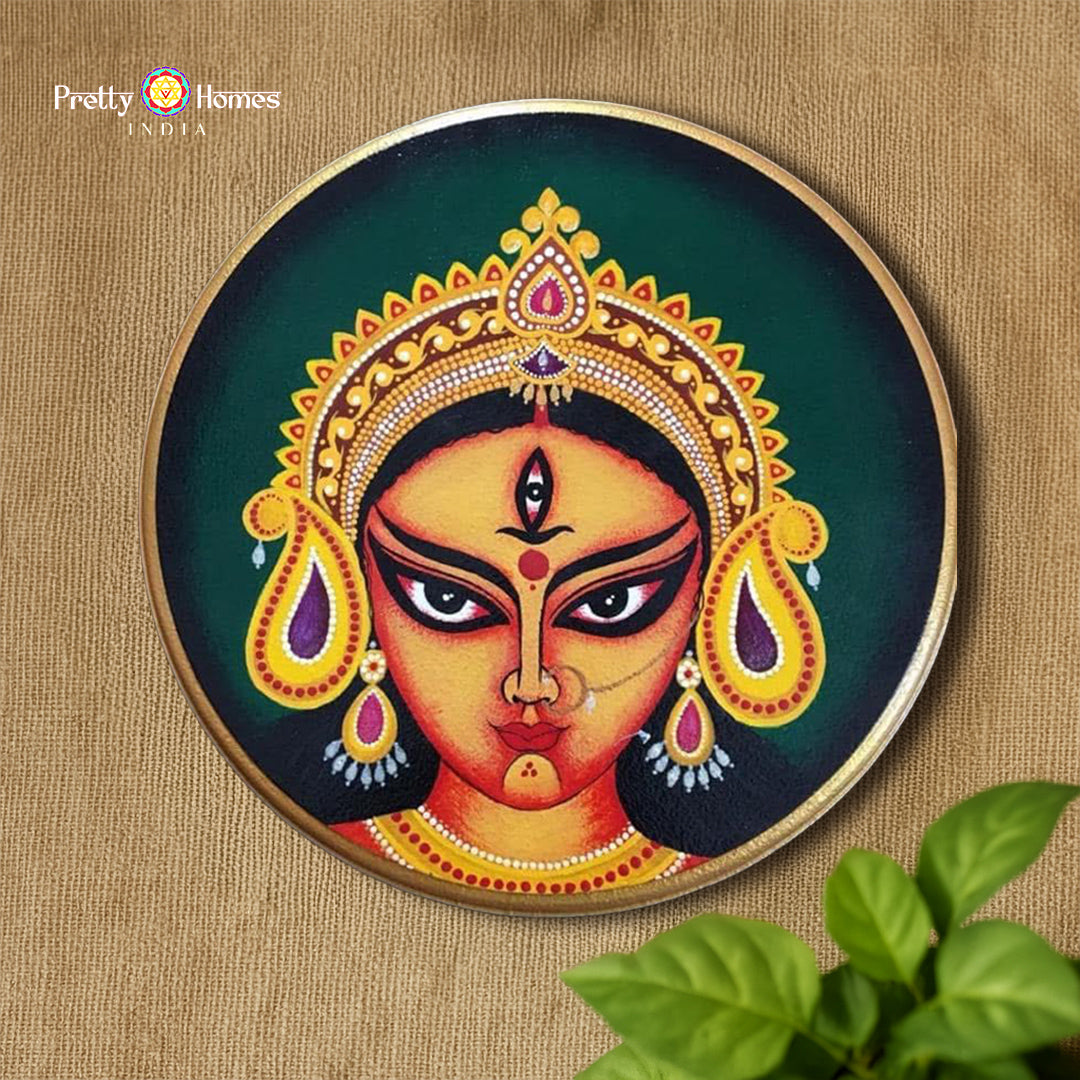 Hand-painted Durga wall plate full view