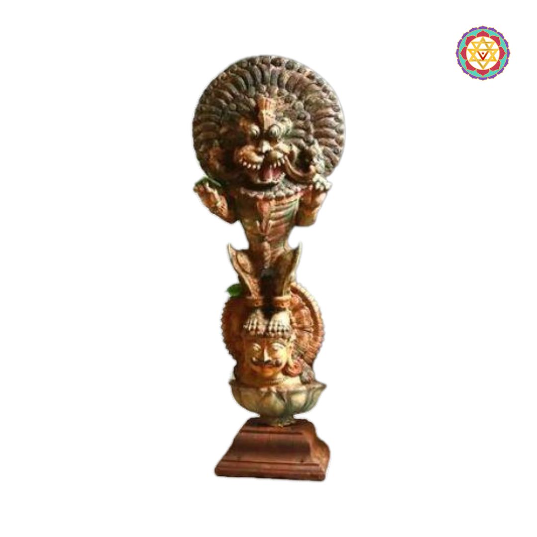 detailed view of standing yali carving showing layered facial features and scrollwork