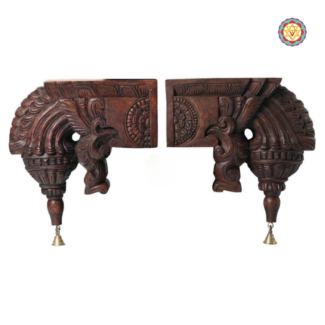 Temple-style wood carving wall hanging with intricate South Indian detailing