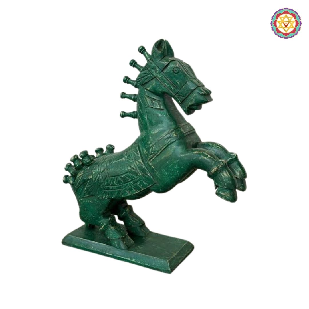 Closeup of carved base and craftsmanship on wooden horse statue