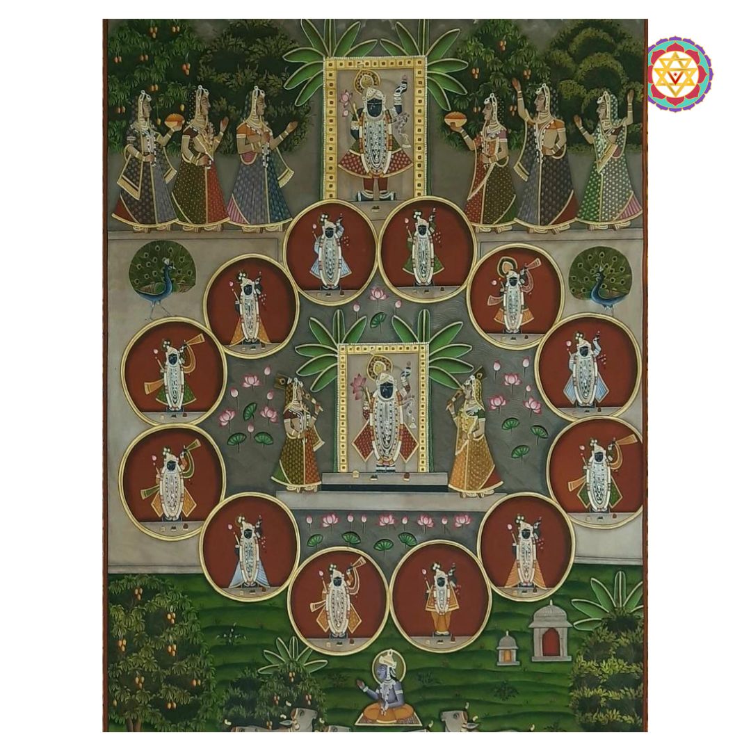 Shrinathji darshan pichwai painting in antique style, sacred temple and cows detail.