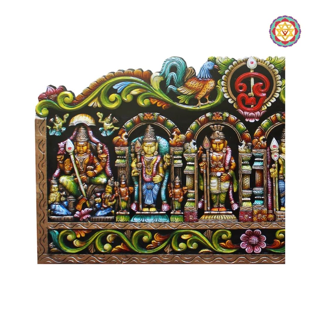 kartikeya wood carved panel close up showing intricate detailing