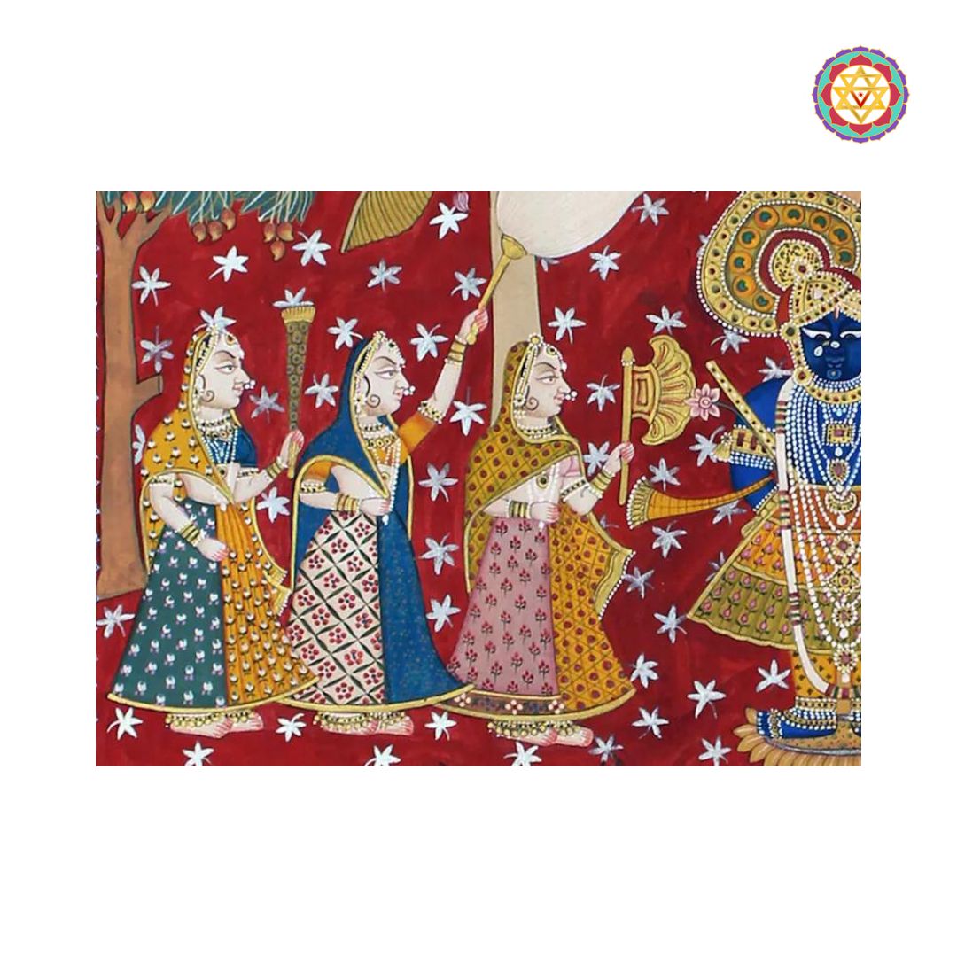 Hand Painted Shrinathji Pichwai Painting with Gopikas, Cows & Tree – Vintage Pichwai Artwork