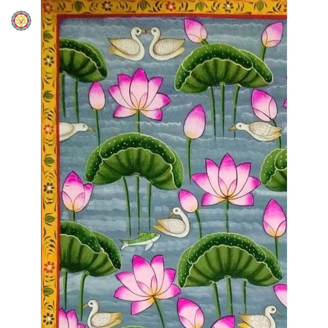 Front view of Pichwai Kamal Talai painting — detailed depiction of lotus flowers and birds, handcrafted heritage art