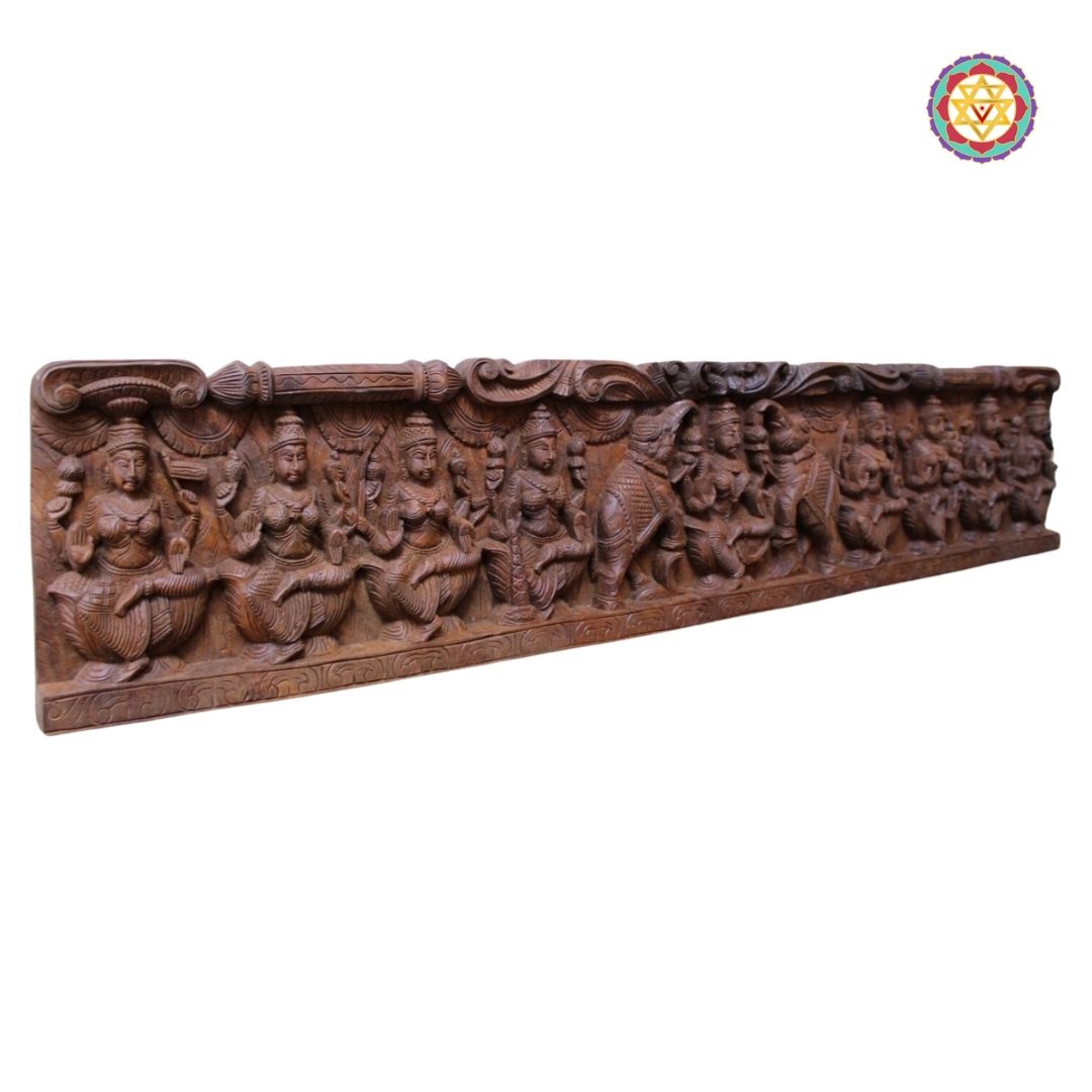 Intricately Carved Horizontal Ashtalakshmi Panel with Gajalakshmi in the Centre – Wall Mountable Divine Art
