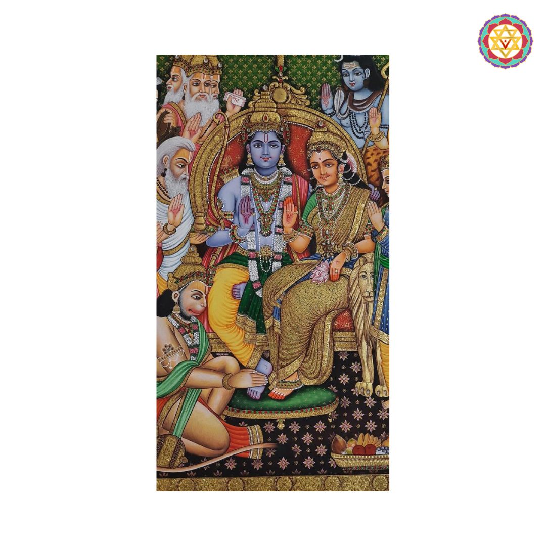 Closeup detailing of Tanjore Ram Darbar gold foil painting