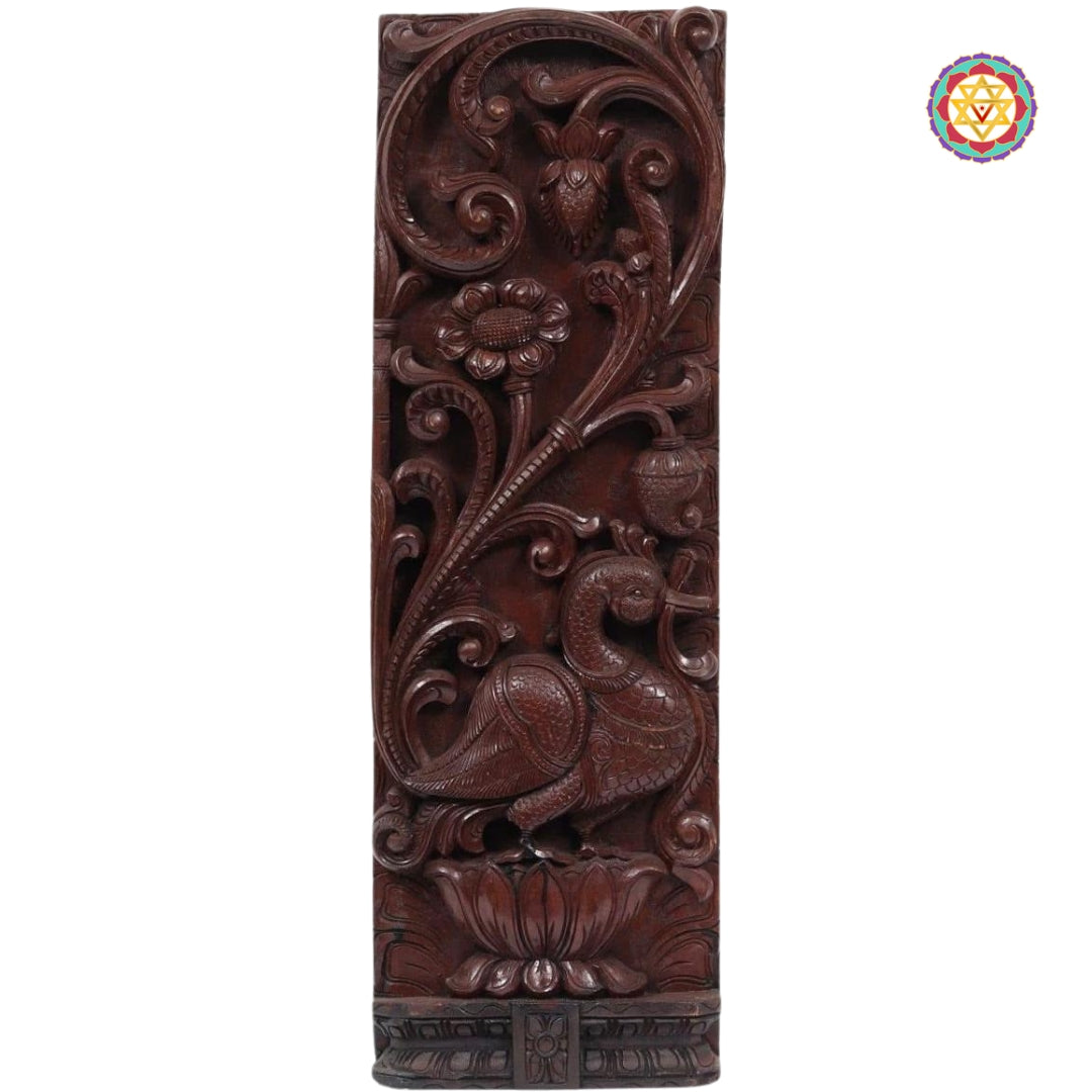 "Vertical wood panel with Annam bird and lotus carving, rustic brown finish"