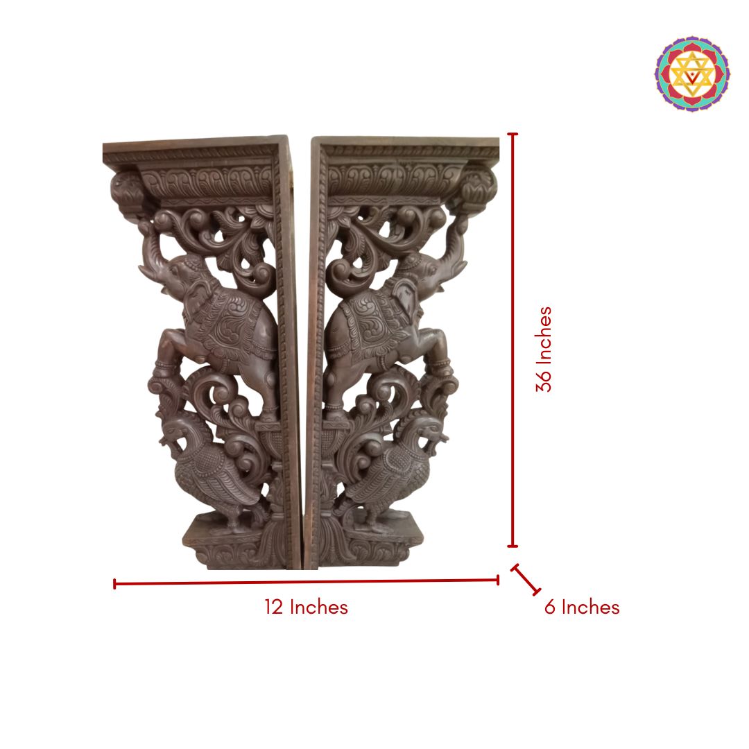 Woodcarved 3” foot trunk up elephants with Annams and vines brackets. (each)