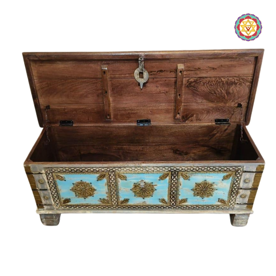 side view of vintage blue wood trunk for home storage décor