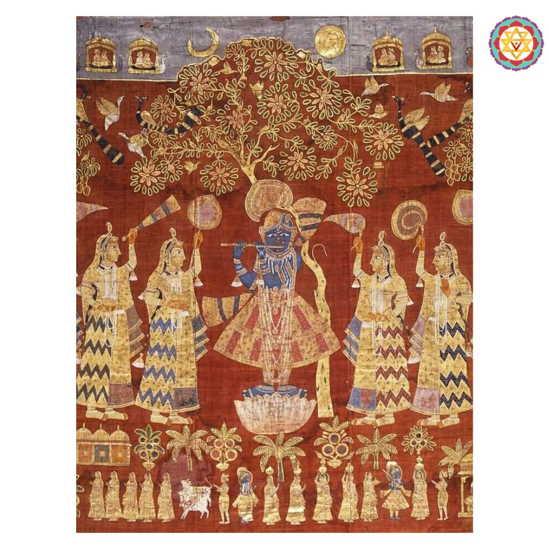 Vintage Shrinathji Pichwai close-up showing Shrinathji face and intricate textile motifs
