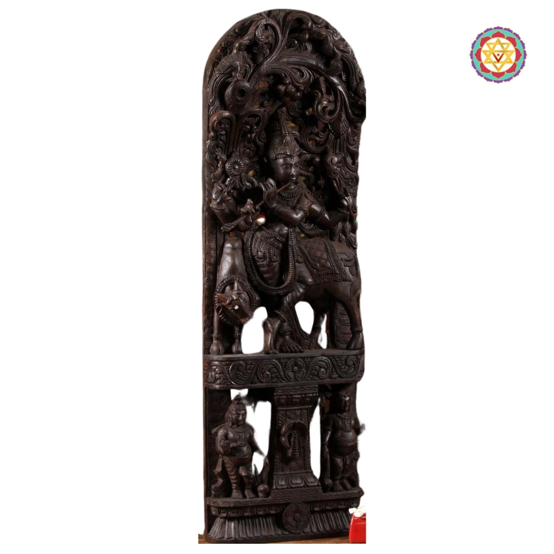 Handcarved Wooden Gopal Krishna Panel Canopy  Sculpture with Playful Cow and Two Gopis