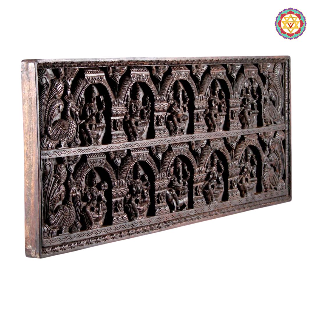Handcarved horizontal panel Exquisite Ganesha & Lakshmi Panel – Adorned with Graceful Peacocks