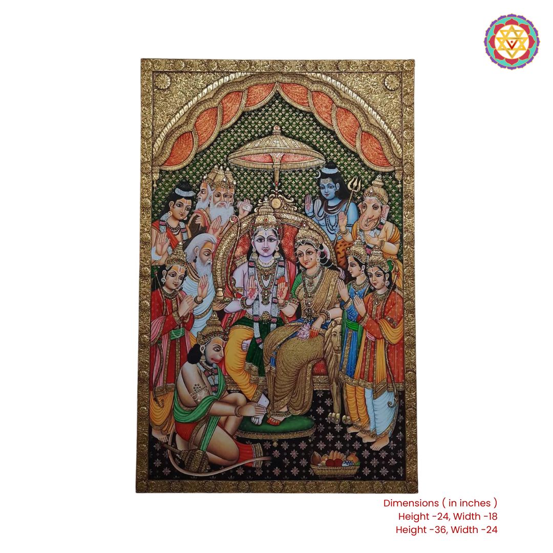 Angle view of embossed Ram Darbar Tanjore spiritual painting